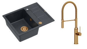Quadron Unique Zlewozmywak granitowy jednokomorowy 62*50*22 cm z ociekaczem MORGAN 116 BLACK DIAMOND z syfonem Push-2-Open w kolorze miedzianym z baterią MARILYN Q LINE z ruchomą wylewką kolor miedziany-DARMOWA DOSTAWA
