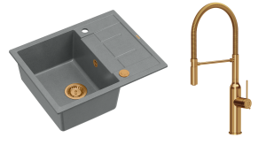 Quadron Unique Zlewozmywak granitowy jednokomorowy 62*50*22 cm z ociekaczem MORGAN 116 SILVER STONE z syfonem Push-2-Open w kolorze miedzianym z baterią MARILYN Q LINE z ruchomą wylewką kolor miedziany -DARMOWA DOSTAWA