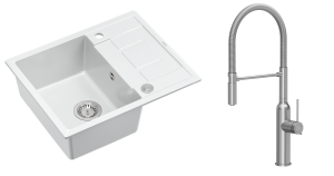 Quadron Unique Zlewozmywak granitowy jednokomorowy 62*50*22 cm z ociekaczem MORGAN 116 SNOW WHITE z syfonem Push-2-Open w kolorze stalowym z baterią MARILYN Q LINE z ruchomą wylewką kolor Stal szczotkowana-DARMOWA DOSTAWA