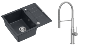 Quadron Unique Zlewozmywak granitowy jednokomorowy 62*50*22 cm z ociekaczem MORGAN 116 BLACK DIAMOND z syfonem Push-2-Open w kolorze stalowym z baterią MARILYN Q LINE z ruchomą wylewką kolor Stal szczotkowana-DARMOWA DOSTAWA