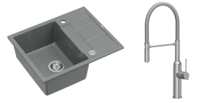 Quadron Unique Zlewozmywak granitowy jednokomorowy 62*50*22 cm z ociekaczem MORGAN 116 SILVER STONE z syfonem Push-2-Open w kolorze stalowym z baterią MARILYN Q LINE z ruchomą wylewką kolor Stal szczotkowana-DARMOWA DOSTAWA