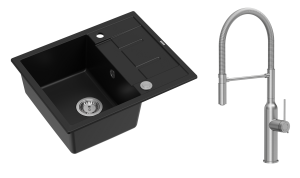 Quadron Unique Zlewozmywak granitowy jednokomorowy 62*50*22 cm z ociekaczem MORGAN 116 PURE CARBON z syfonem Push-2-Open w kolorze stalowym z baterią MARILYN Q LINE z ruchomą wylewką kolor Stal szczotkowana-DARMOWA DOSTAWA