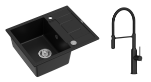 Quadron Unique Zlewozmywak granitowy jednokomorowy 62*50*22 cm z ociekaczem MORGAN 116 PURE CARBON z syfonem Push-2-Open w kolorze stalowym z baterią MARILYN Q LINE z ruchomą wylewką kolor czarny -DARMOWA DOSTAWA