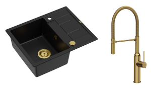 Quadron Unique Zlewozmywak granitowy jednokomorowy 62*50*22 cm z ociekaczem MORGAN 116 PURE CARBON z syfonem Push-2-Open w kolorze złotym z baterią MARILYN Q LINE z ruchomą wylewką kolor złoty-DARMOWA DOSTAWA