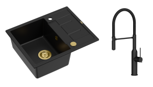 Quadron Unique Zlewozmywak granitowy jednokomorowy 62*50*22 cm z ociekaczem MORGAN 116 PURE CARBON z syfonem Push-2-Open w kolorze złotym z baterią MARILYN Q LINE z ruchomą wylewką kolor czarny-DARMOWA DOSTAWA