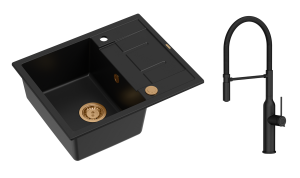 Quadron Unique Zlewozmywak granitowy jednokomorowy 62*50*22 cm z ociekaczem MORGAN 116 PURE CARBON z syfonem Push-2-Open w kolorze miedzianym z baterią MARILYN Q LINE z ruchomą wylewką kolor czarny-DARMOWA DOSTAWA