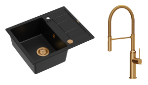 Quadron Unique Zlewozmywak granitowy jednokomorowy 62*50*22 cm z ociekaczem MORGAN 116 PURE CARBON z syfonem Push-2-Open w kolorze miedzianym z baterią MARILYN Q LINE z ruchomą wylewką kolor miedziany-DARMOWA DOSTAWA