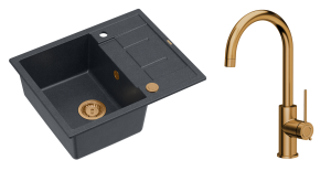 Quadron Unique Zlewozmywak granitowy jednokomorowy 62*50*22 cm z ociekaczem MORGAN 116 BLACK DIAMOND z syfonem Push-2-Open w kolorze miedzianym z baterią JODIE Q LINE SLIM kolor miedziany-DARMOWA DOSTAWA