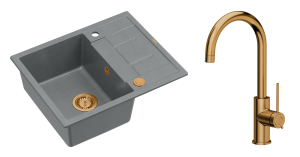 Quadron Unique Zlewozmywak granitowy jednokomorowy 62*50*22 cm z ociekaczem MORGAN 116 SILVER STONE z syfonem Push-2-Open w kolorze miedzianym z baterią JODIE Q LINE SLIM kolor miedziany-DARMOWA DOSTAWA