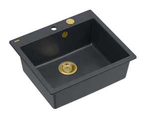 Quadron Unique Zlewozmywak granitowy jednokomorowy 57*50*22 cm MORGAN 110 BLACK DIAMOND z syfonem Push-2-Open w kolorze złotym-DARMOWA DOSTAWA