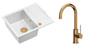 Quadron Unique Zlewozmywak granitowy jednokomorowy 62*50*22 cm z ociekaczem MORGAN 116 SNOW WHITE z syfonem Push-2-Open w kolorze miedzianym z baterią JODIE Q LINE SLIM kolor miedziany-DARMOWA DOSTAWA