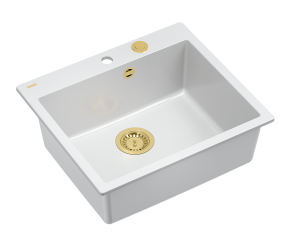 Quadron Unique Zlewozmywak granitowy jednokomorowy 57*50*22 cm MORGAN 110 SNOW WHITE z syfonem Push-2-Open w kolorze złotym-DARMOWA DOSTAWA