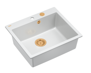 Quadron Unique Zlewozmywak granitowy jednokomorowy 57*50*22 cm MORGAN 110 SNOW WHITE z syfonem Push-2-Open w kolorze miedzianym-DARMOWA DOSTAWA