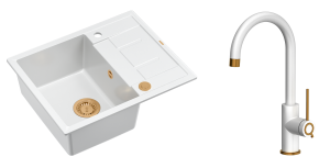 Quadron Unique Zlewozmywak granitowy jednokomorowy 62*50*22 cm z ociekaczem MORGAN 116 SNOW WHITE z syfonem Push-2-Open w kolorze miedzianym z baterią JODIE Q LINE SLIM kolor biały mat/wykończenie miedź-DARMOWA DOSTAWA