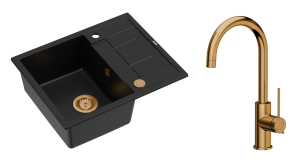 Quadron Unique Zlewozmywak granitowy jednokomorowy 62*50*22 cm z ociekaczem MORGAN 116 PURE CARBON z syfonem Push-2-Open w kolorze miedzianym z baterią JODIE Q LINE SLIM kolor miedziany-DARMOWA DOSTAWA