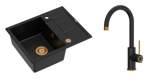 Quadron Unique Zlewozmywak granitowy jednokomorowy 62*50*22 cm z ociekaczem MORGAN 116 PURE CARBON z syfonem Push-2-Open w kolorze miedzianym z baterią JODIE Q LINE SLIM kolor czarny mat/wykończenie miedź-DARMOWA DOSTAWA
