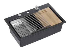 Quadron Unique Zlewozmywak granitowy jednokomorowy 76*50*23,5 cm MARC 110 Workstation BLACK DIAMOND + syfon  Push-2-Open save space w kolorze stalowym + deska + wkładka ociekowa + rollmata + dozownik + nakładka na odpływ-DARMOWA DOSTAWA