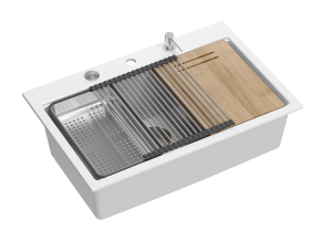 Quadron Unique Zlewozmywak granitowy jednokomorowy 76*50*23,5 cm MARC 110 Workstation SNOW WHITE + syfon Push-2-Open save space w kolorze stalowym + deska + wkładka ociekowa + rollmata + dozownik + nakładka na odpływ-DARMOWA DOSTAWA