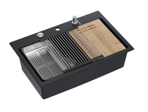 Quadron Unique Zlewozmywak granitowy jednokomorowy 76*50*23,5 cm MARC 110 Workstation PURE CARBON z syfonem Push-2-Open save space w kolorze stalowym + deska + wkładka ociekowa + rollmata + dozownik + nakładka na odpływ-DARMOWA DOSTAWA