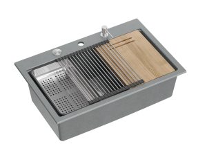 Quadron Unique Zlewozmywak granitowy jednokomorowy 76*50*23,5 cm MARC 110 Workstation SILVER STONE + syfon Push-2-Open save space w kolorze stalowym + deska + wkładka ociekowa + rollmata + dozownik + nakładka na odpływ-DARMOWA DOSTAWA