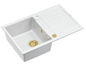 Quadron Unique Zlewozmywak granitowy jednokomorowy 78*50*22 cm z ociekaczem MORGAN 111 SNOW WHITE z syfonem Push-2-Open w kolorze złotym-DARMOWA DOSTAWA