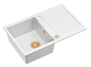 Quadron Unique Zlewozmywak granitowy jednokomorowy 78*50*22 cm z ociekaczem MORGAN 111 SNOW WHITE z syfonem Push-2-Open w kolorze miedzianym-DARMOWA DOSTAWA