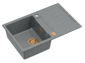 Quadron Unique Zlewozmywak granitowy jednokomorowy 78*50*22 cm z ociekaczem MORGAN 111 SILVER STONE z syfonem Push-2-Open w kolorze miedzianym-DARMOWA DOSTAWA