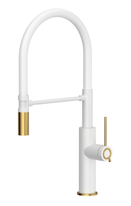 Quadron Unique Bateria zlewozmywakowa stalowa GEMMA Q LINE SLIM SNOW WHITE z ruchomą wylewką kolor  biały mat/wykończenie złote/biały wąż-DARMOWA DOSTAWA