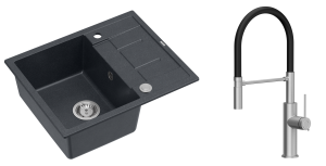 Quadron Unique Zlewozmywak granitowy jednokomorowy 62*50*22 cm z ociekaczem MORGAN 116 BLACK DIAMOND z syfonem Push-2-Open w kolorze stalowym z baterią GEMMA Q LINE SLIM z ruchomą wylewką kolor stal szczotkowana/czarny wąż-DARMOWA DOSTAWA