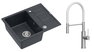 Quadron Unique Zlewozmywak granitowy jednokomorowy 62*50*22 cm z ociekaczem MORGAN 116 BLACK DIAMOND z syfonem Push-2-Open w kolorze stalowym z baterią GEMMA Q LINE SLIM z ruchomą wylewką kolor stal szczotkowana/biały wąż-DARMOWA DOSTAWA
