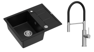 Quadron Unique Zlewozmywak granitowy jednokomorowy 62*50*22 cm z ociekaczem MORGAN 116 PURE CARBON z syfonem Push-2-Open w kolorze stalowym z baterią GEMMA Q LINE SLIM z ruchomą wylewką kolor stal szczotkowana/czarny wąż-DARMOWA DOSTAWA