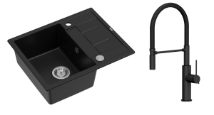 Quadron Unique Zlewozmywak granitowy jednokomorowy 62*50*22 cm z ociekaczem MORGAN 116 PURE CARBON z syfonem Push-2-Open w kolorze stalowym z baterią GEMMA Q LINE SLIM z ruchomą wylewką kolor czarny mat/czarny wąż-DARMOWA DOSTAWA