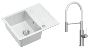 Quadron Unique Zlewozmywak granitowy jednokomorowy 62*50*22 cm z ociekaczem MORGAN 116 SNOW WHITE z syfonem Push-2-Open w kolorze stalowym z baterią GEMMA Q LINE SLIM z ruchomą wylewką kolor stal szczotkowana/biały wąż-DARMOWA DOSTAWA