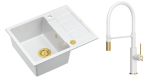 Quadron Unique Zlewozmywak granitowy jednokomorowy 62*50*22 cm z ociekaczem MORGAN 116 SNOW WHITE z syfonem Push-2-Open w kolorze złotym z baterią GEMMA Q LINE SLIM z ruchomą wylewką kolor biały mat/wykończenie złote/biały wąż-DARMOWA DOSTAWA