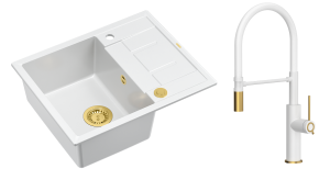 Quadron Unique Zlewozmywak granitowy jednokomorowy 62*50*22 cm z ociekaczem MORGAN 116 SNOW WHITE z syfonem Push-2-Open w kolorze złotym z baterią GEMMA Q LINE SLIM z ruchomą wylewką kolor biały mat/wykończenie złote/biały wąż-DARMOWA DOSTAWA