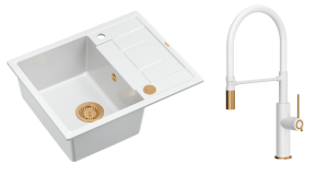 Quadron Unique Zlewozmywak granitowy jednokomorowy 62*50*22 cm z ociekaczem MORGAN 116 SNOW WHITE z syfonem Push-2-Open w kolorze miedzianym z baterią GEMMA Q LINE SLIM z ruchomą wylewką kolor biały mat/wykończenie miedź/biały wąż-DARMOWA DOSTAWA