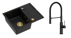 Quadron Unique Zlewozmywak granitowy jednokomorowy 62*50*22 cm z ociekaczem MORGAN 116 PURE CARBON z syfonem Push-2-Open w kolorze złotym z baterią GEMMA Q LINE SLIM z ruchomą wylewką kolor czarny mat/czarny wąż-DARMOWA DOSTAWA