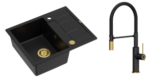 Quadron Unique Zlewozmywak granitowy jednokomorowy 62*50*22 cm z ociekaczem MORGAN 116 PURE CARBON z syfonem Push-2-Open w kolorze złotym z baterią GEMMA Q LINE SLIM z ruchomą wylewką kolor czarny mat/wykończenie złote/czarny wąż-DARMOWA DOSTAWA