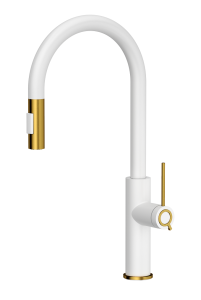 Quadron Unique Bateria zlewozmywakowa stalowa JENNIFER Q LINE SLIM  SNOW WHITE z wyciąganą wylewką i funkcją prysznica kolor biały mat/wykończenie złote-DARMOWA DOSTAWA
