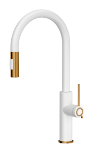 Quadron Unique Bateria zlewozmywakowa stalowa JENNIFER Q LINE SLIM  SNOW WHITE z wyciąganą wylewką i funkcją prysznica kolor biały mat/wykończenie miedź-DARMOWA DOSTAWA