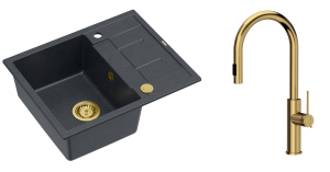 Quadron Unique Zlewozmywak granitowy jednokomorowy 62*50*22 cm z ociekaczem MORGAN 116 BLACK DIAMOND z syfonem Push-2-Open w kolorze złotym z baterią JENNIFER Q LINE SLIM z wyciąganą wylewką i funkcją prysznica kolor złoty-DARMOWA DOSTAWA
