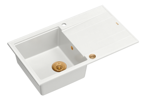 Quadron Unique Zlewozmywak granitowy jednokomorowy 86*50*21 cm  z ociekaczem EVAN 111 GRANITEQ  SNOW WHITE z syfonem Push-2-Open w kolorze miedzianym-DARMOWA DOSTAWA