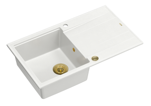 Quadron Unique Zlewozmywak granitowy jednokomorowy 86*50*21 cm  z ociekaczem EVAN 111 GRANITEQ  SNOW WHITE z syfonem Push-2-Open w kolorze złotym-DARMOWA DOSTAWA