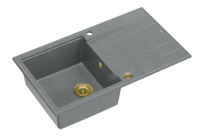 Quadron Unique Zlewozmywak granitowy jednokomorowy 86*50*21 cm  z ociekaczem EVAN 111 GRANITEQ  SILVER STONE z syfonem Push-2-Open w kolorze złotym-DARMOWA DOSTAWA