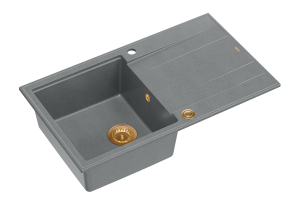 Quadron Unique Zlewozmywak granitowy jednokomorowy 86*50*21 cm  z ociekaczem EVAN 111 GRANITEQ  SILVER STONE z syfonem Push-2-Open w kolorze miedzianym-DARMOWA DOSTAWA