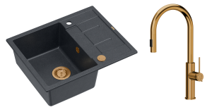 Quadron Unique Zlewozmywak granitowy jednokomorowy 62*50*22 cm z ociekaczem MORGAN 116 BLACK DIAMOND z syfonem Push-2-Open w kolorze miedzianym z baterią JENNIFER Q LINE SLIM z wyciąganą wylewką i funkcją prysznica kolor miedziany-DARMOWA DOSTAWA