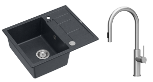 Quadron Unique Zlewozmywak granitowy jednokomorowy 62*50*22 cm z ociekaczem MORGAN 116 BLACK DIAMOND z syfonem Push-2-Open w kolorze stalowym z baterią JENNIFER Q LINE SLIM z wyciąganą wylewką i funkcją prysznica kolor stal szczotkowana-DARMOWA DOSTAWA