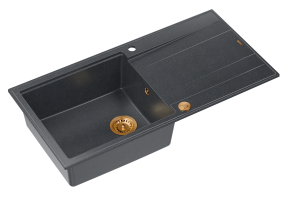 Quadron Unique Zlewozmywak granitowy jednokomorowy 100*50*21 cm  z ociekaczem EVAN 146 XL GRANITEQ  BLACK DIAMOND z syfonem Push-2-Open w kolorze miedzianym-DARMOWA DOSTAWA