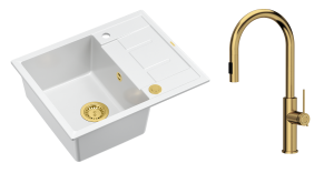 Quadron Unique Zlewozmywak granitowy jednokomorowy 62*50*22 cm z ociekaczem MORGAN 116 SNOW WHITE z syfonem Push-2-Open w kolorze złotym z baterią JENNIFER Q LINE SLIM z wyciąganą wylewką i funkcją prysznica kolor złoty-DARMOWA DOSTAWA