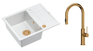 Quadron Unique Zlewozmywak granitowy jednokomorowy 62*50*22 cm z ociekaczem MORGAN 116 SNOW WHITE z syfonem Push-2-Open w kolorze miedzianym z baterią JENNIFER Q LINE SLIM z wyciąganą wylewką i funkcją prysznica kolor miedziany-DARMOWA DOSTAWA